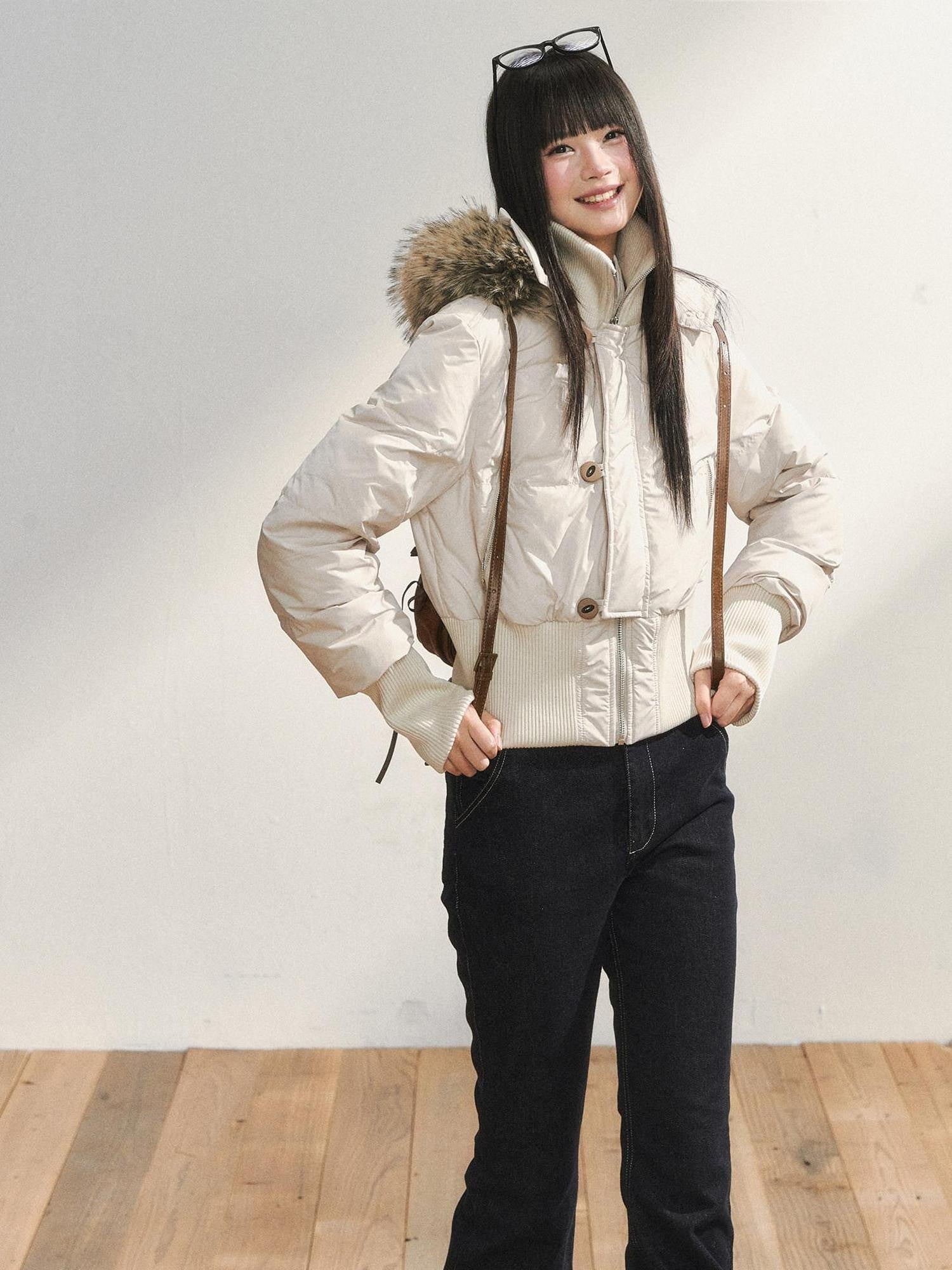 7Shiftin White Fur Collar Stand Collar Waist Cinched Women&