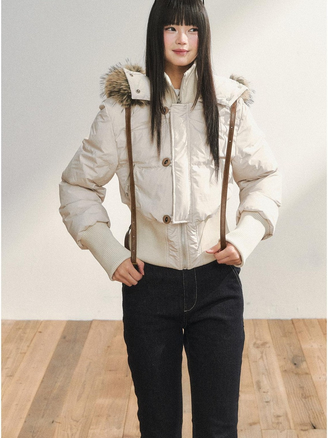 7Shiftin White Fur Collar Stand Collar Waist Cinched Women&