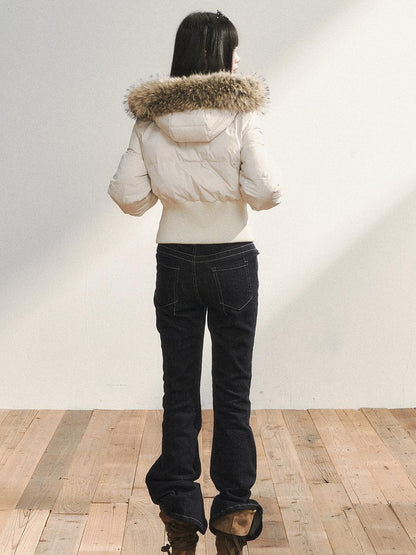 7Shiftin White Fur Collar Stand Collar Waist Cinched Women&