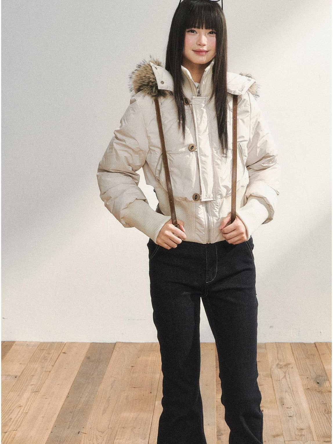 7Shiftin White Fur Collar Stand Collar Waist Cinched Women&