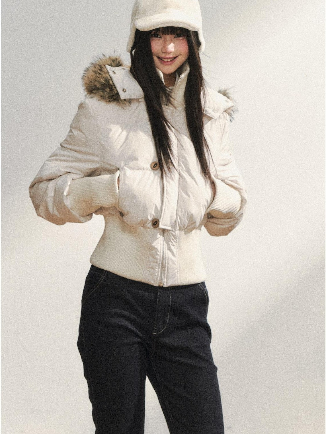 7Shiftin White Fur Collar Stand Collar Waist Cinched Women&