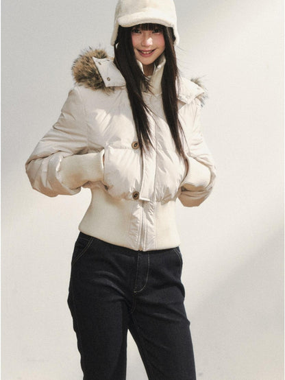 7Shiftin White Fur Collar Stand Collar Waist Cinched Women&