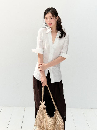 7Shiftin White Lace Spliced Deep V Slim Fit Short Sleeve Open Front Women&