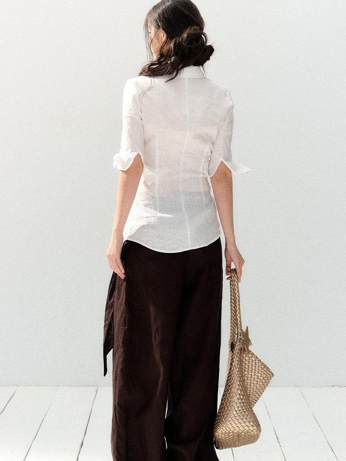 7Shiftin White Lace Spliced Deep V Slim Fit Short Sleeve Open Front Women&