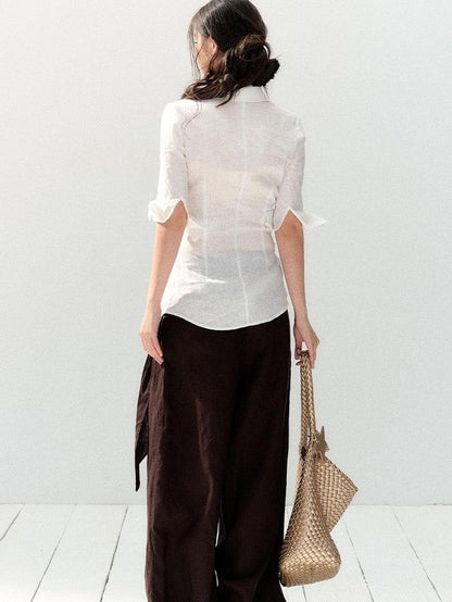 7Shiftin White Lace Spliced Deep V Slim Fit Short Sleeve Open Front Women&