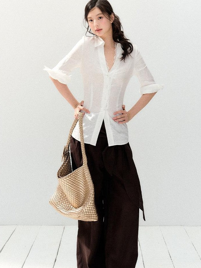 7Shiftin White Lace Spliced Deep V Slim Fit Short Sleeve Open Front Women&