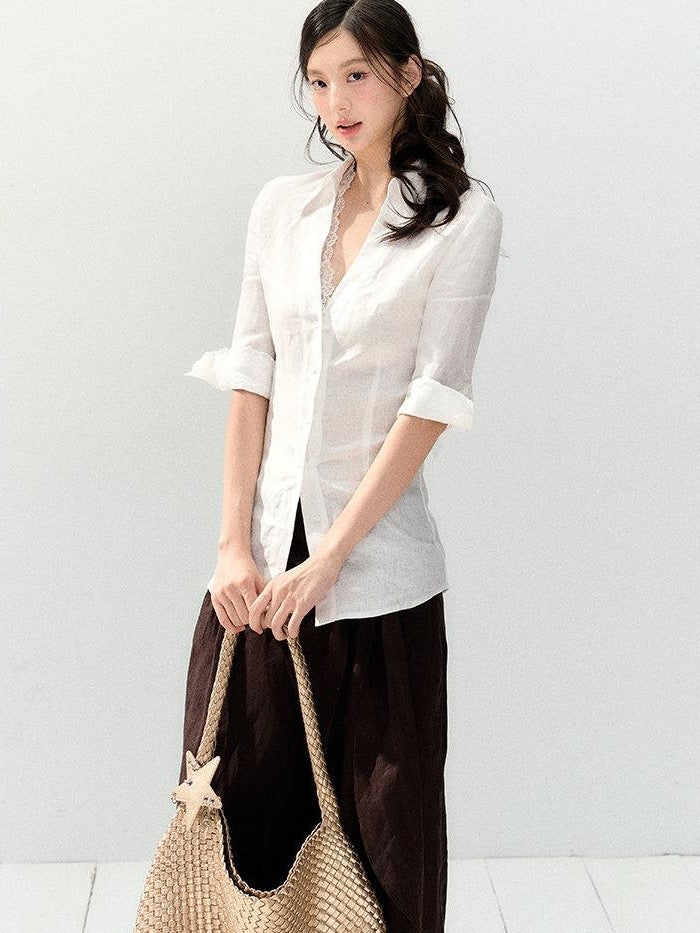 7Shiftin White Lace Spliced Deep V Slim Fit Short Sleeve Open Front Women&