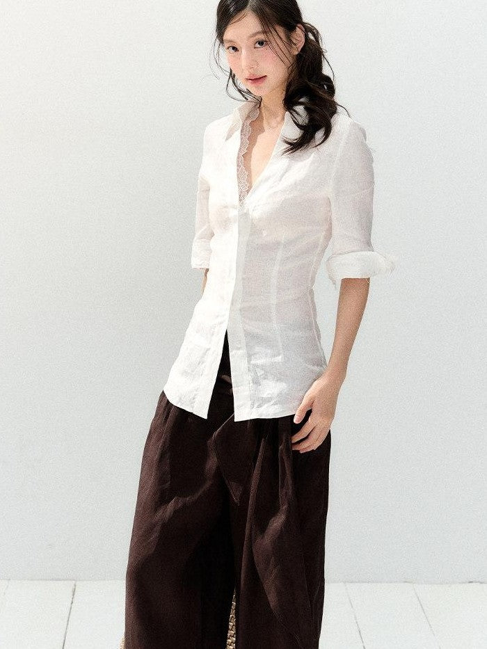 7Shiftin White Lace Spliced Deep V Slim Fit Short Sleeve Open Front Women&