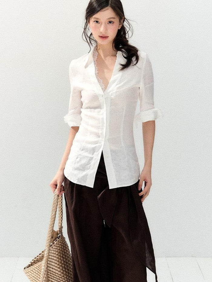 7Shiftin White Lace Spliced Deep V Slim Fit Short Sleeve Open Front Women&