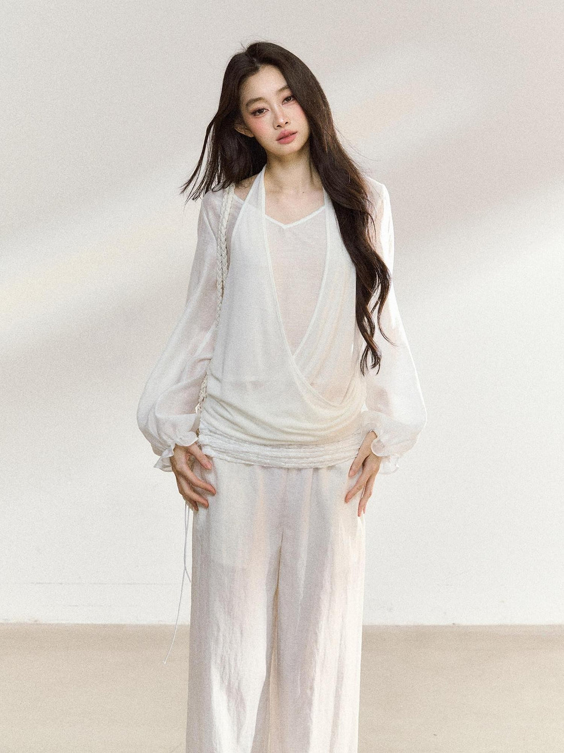 7Shiftin White Lace V-neck Long Sleeve Drapey Pants Women&