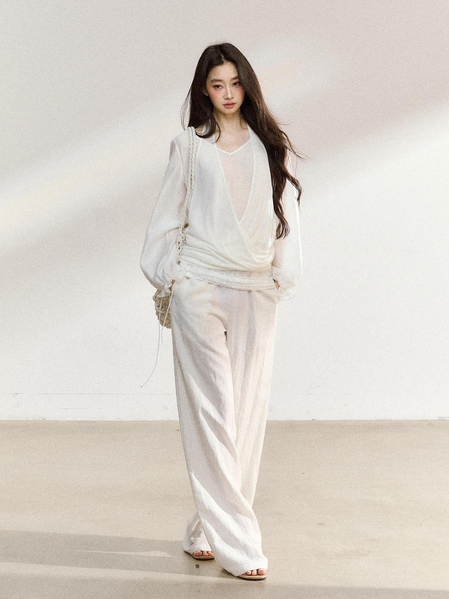 7Shiftin White Lace V-neck Long Sleeve Drapey Pants Women&