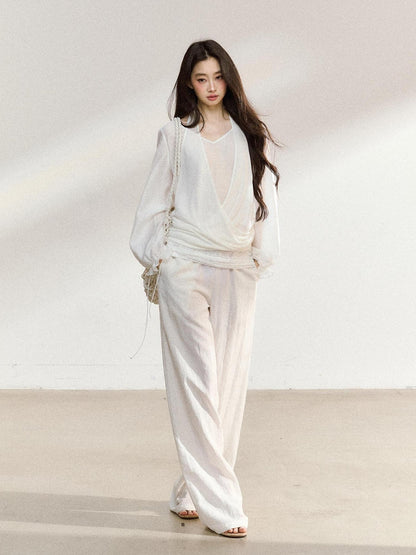 7Shiftin White Lace V-neck Long Sleeve Drapey Pants Women&