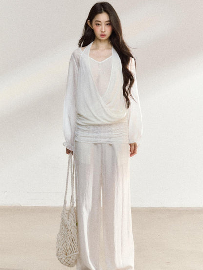 7Shiftin White Lace V-neck Long Sleeve Drapey Pants Women&
