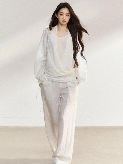 7Shiftin White Lace V-neck Long Sleeve Drapey Pants Women&