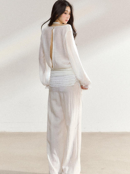 7Shiftin White Lace V-neck Long Sleeve Drapey Pants Women&