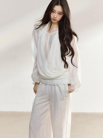 7Shiftin White Lace V-neck Long Sleeve Drapey Pants Women&