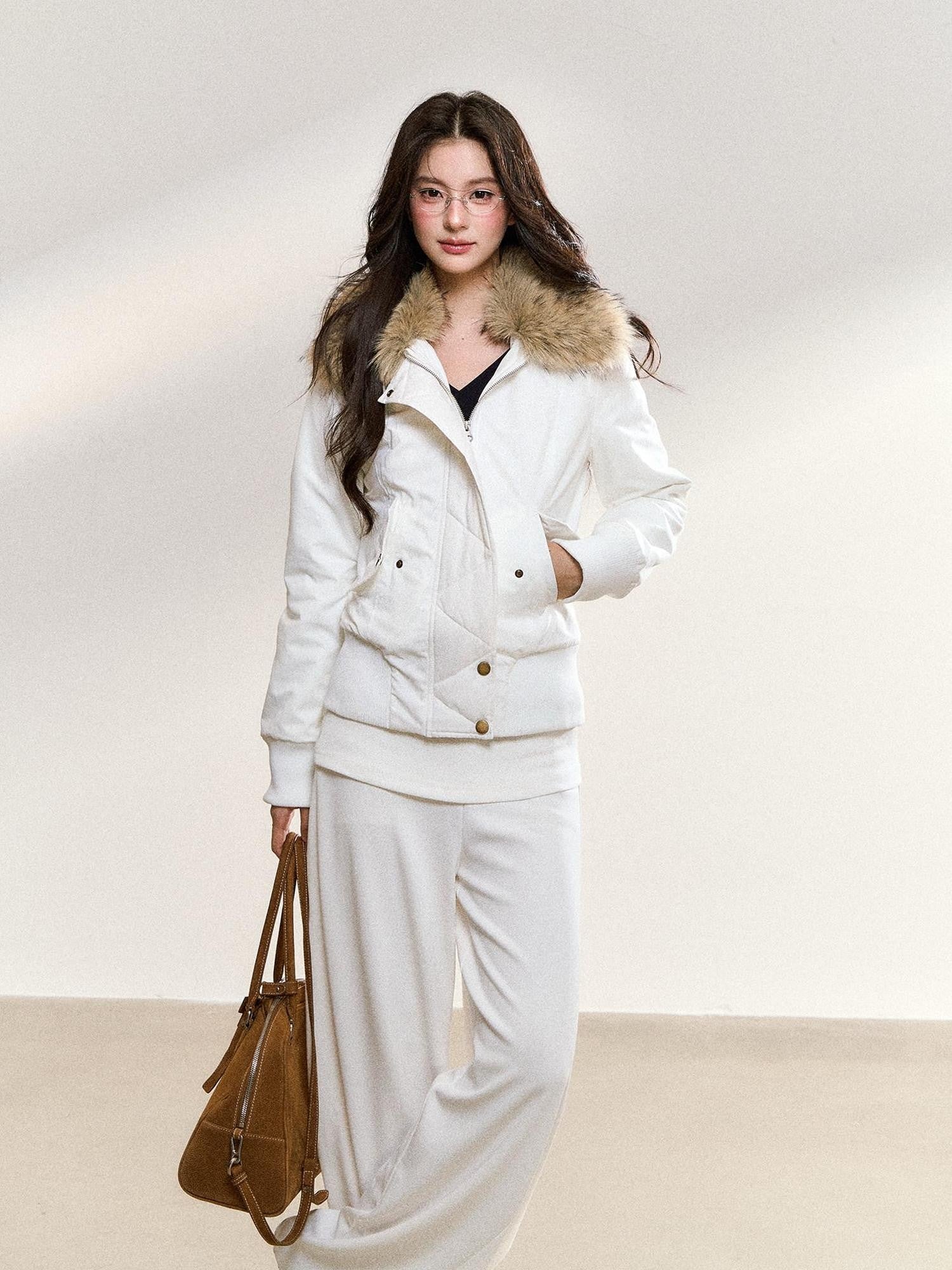 7Shiftin White Plush Patchwork Fur Collar Lapel Button Women&