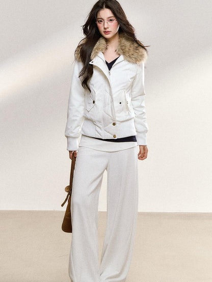 7Shiftin White Plush Patchwork Fur Collar Lapel Button Women&