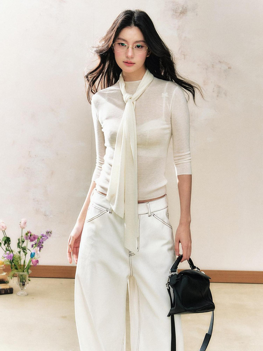 7Shiftin White Tie Detail Round Neck Slim Fit Pullover Women&