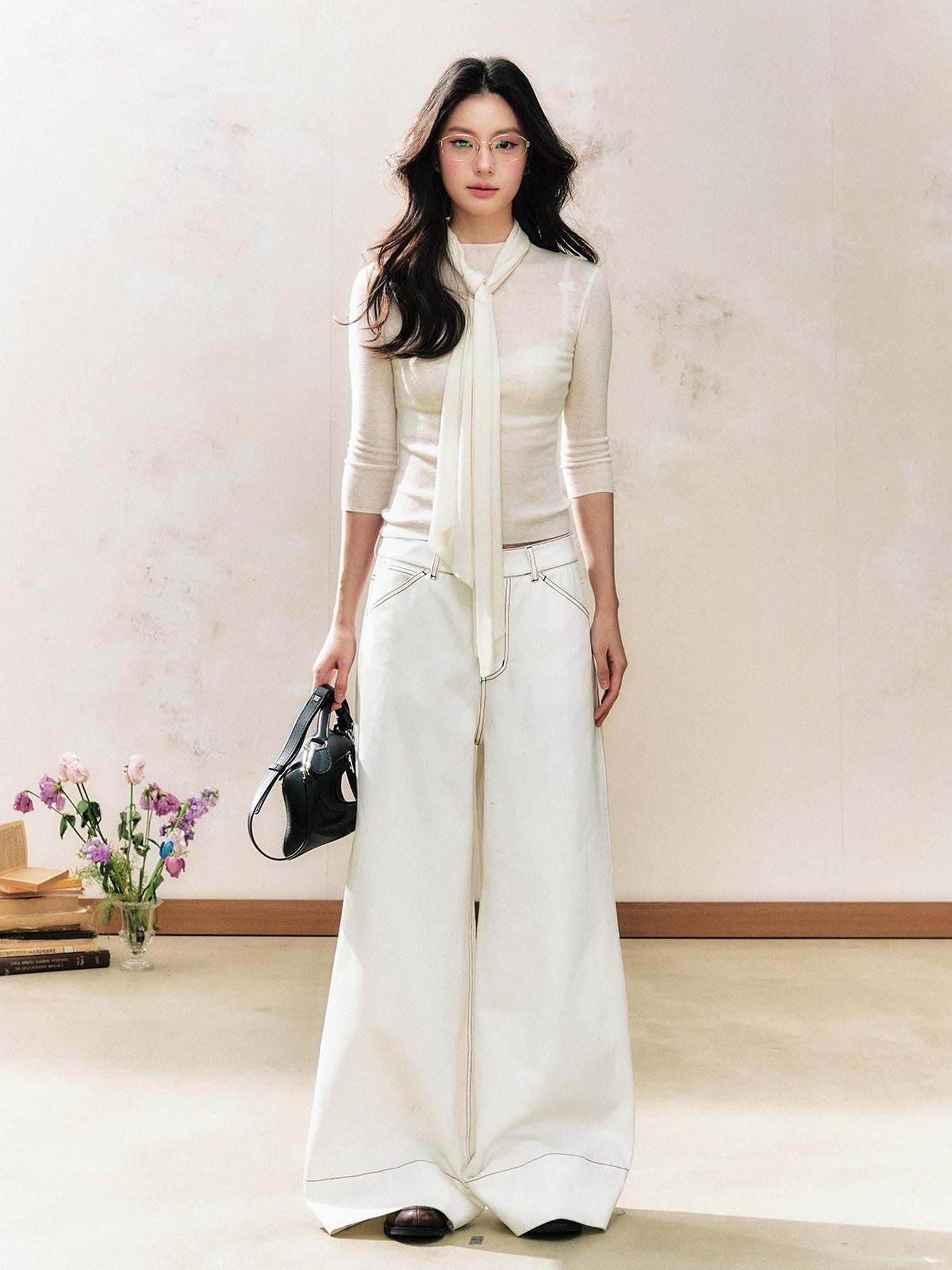 7Shiftin White Tie Detail Round Neck Slim Fit Pullover Women&