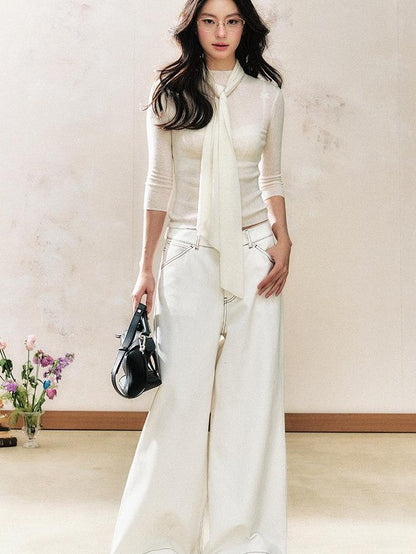 7Shiftin White Tie Detail Round Neck Slim Fit Pullover Women&