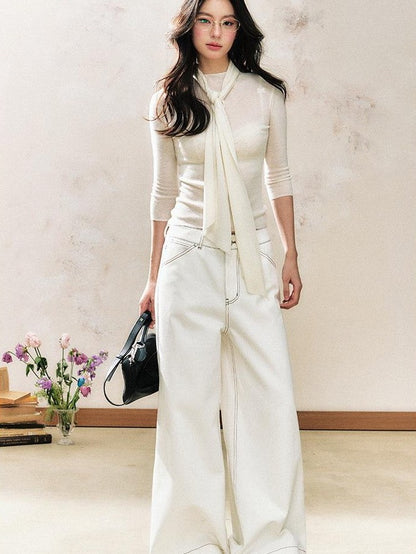 7Shiftin White Tie Detail Round Neck Slim Fit Pullover Women&