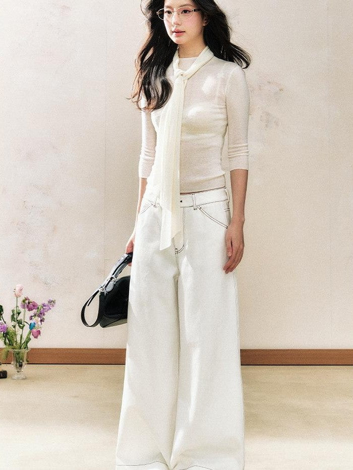 7Shiftin White Tie Detail Round Neck Slim Fit Pullover Women&