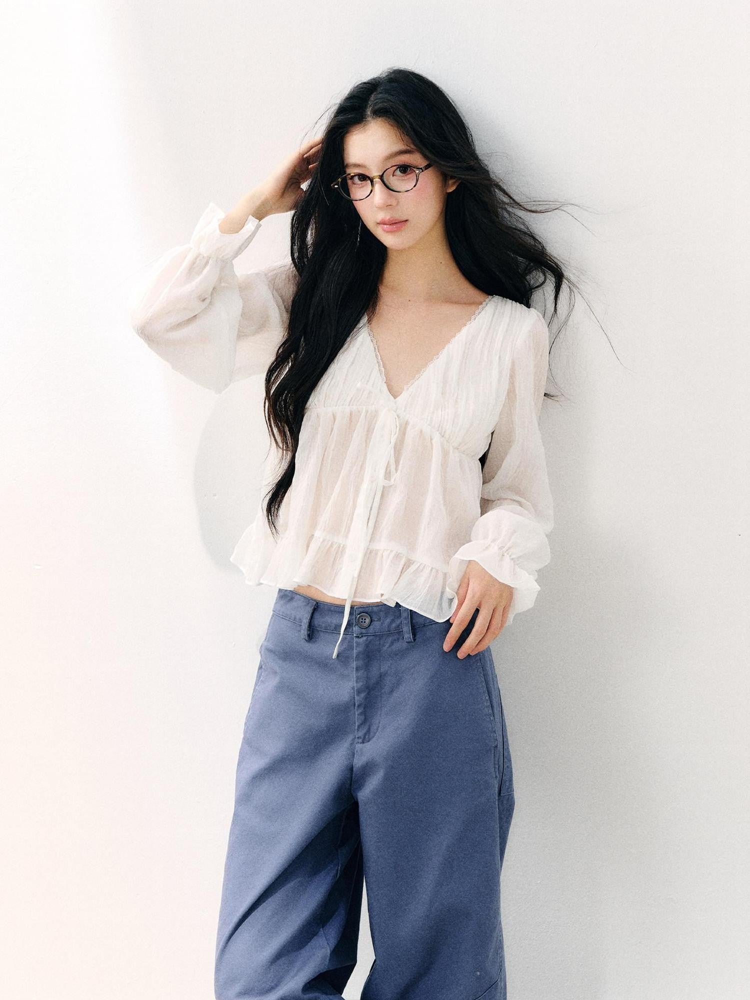 7Shiftin White Tie V-neck Double Ruffle Chiffon Women&