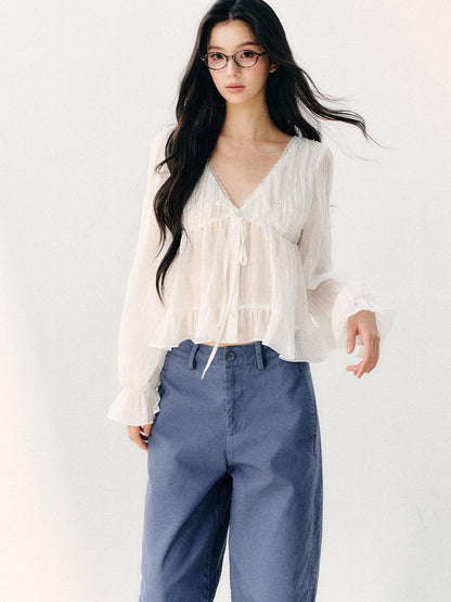 7Shiftin White Tie V-neck Double Ruffle Chiffon Women&