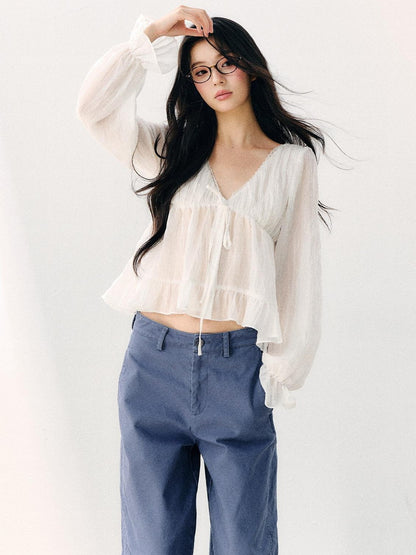 7Shiftin White Tie V-neck Double Ruffle Chiffon Women&