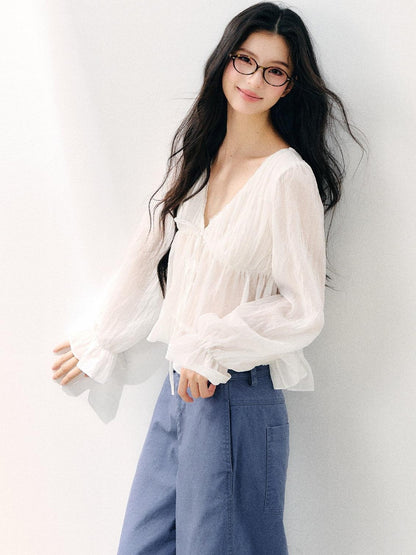 7Shiftin White Tie V-neck Double Ruffle Chiffon Women&