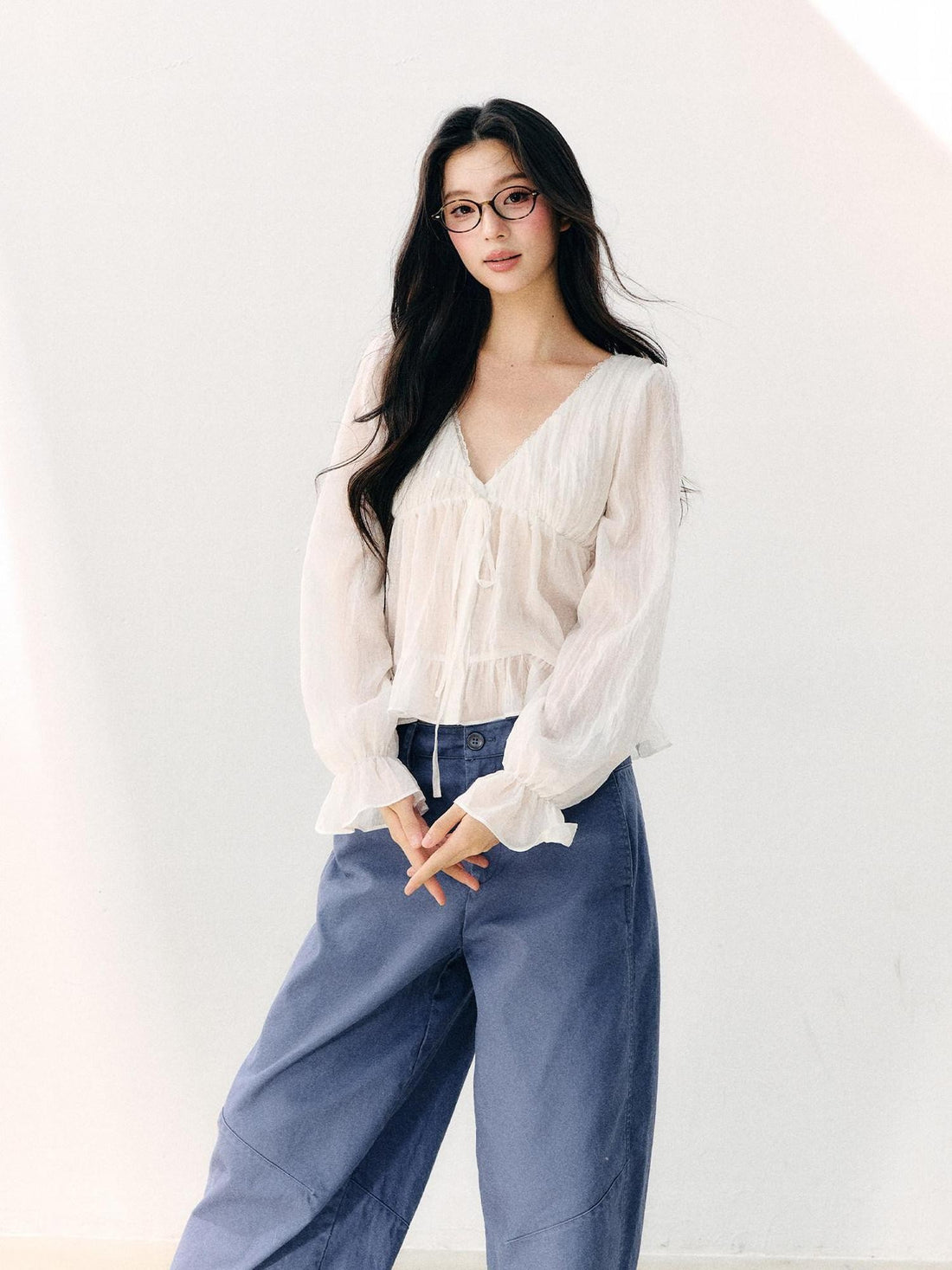 7Shiftin White Tie V-neck Double Ruffle Chiffon Women&