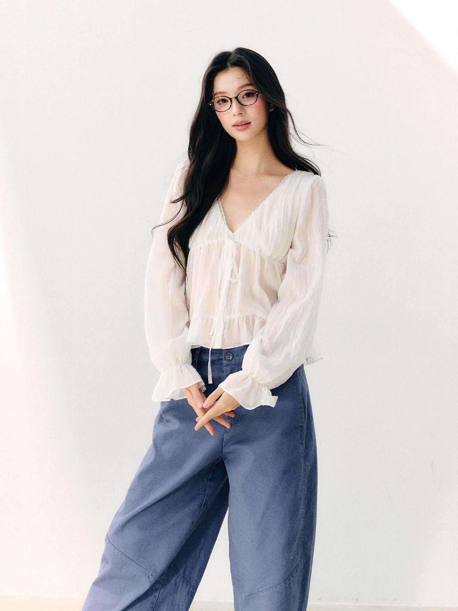 7Shiftin White Tie V-neck Double Ruffle Chiffon Women&
