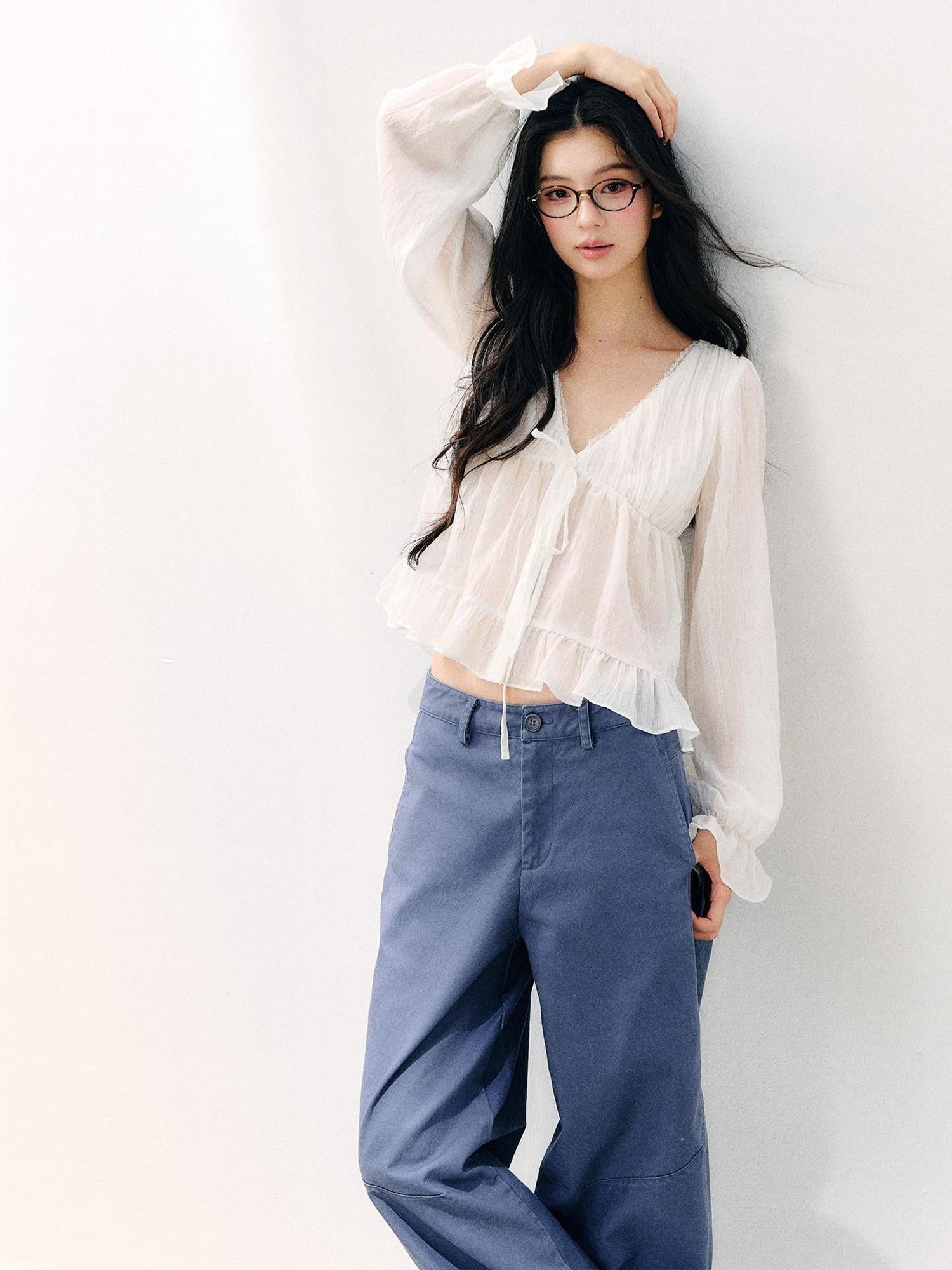 7Shiftin White Tie V-neck Double Ruffle Chiffon Women&