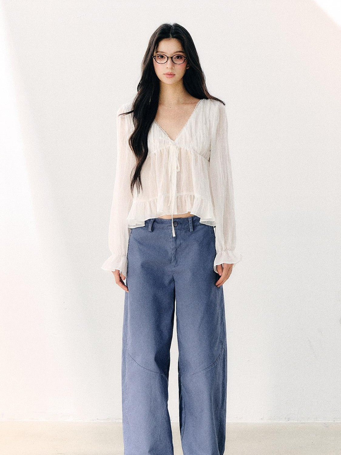 7Shiftin White Tie V-neck Double Ruffle Chiffon Women&