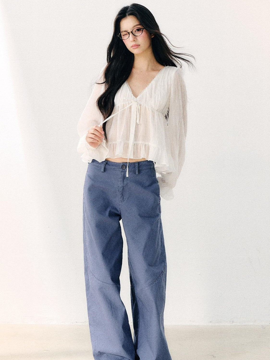 7Shiftin White Tie V-neck Double Ruffle Chiffon Women&
