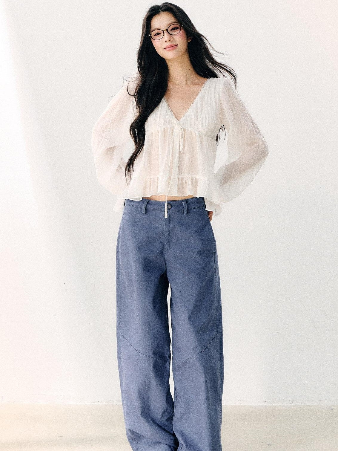 7Shiftin White Tie V-neck Double Ruffle Chiffon Women&