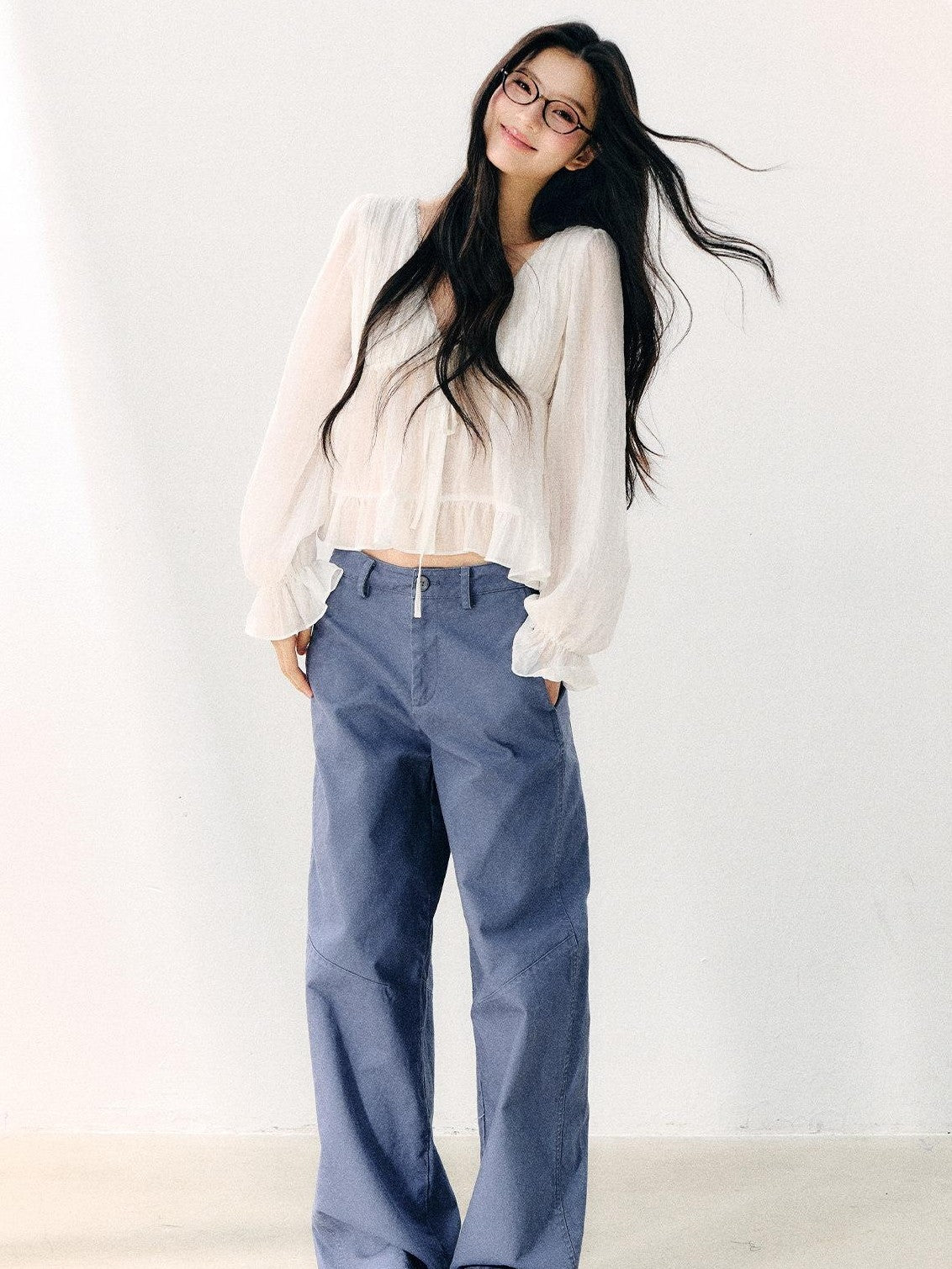 7Shiftin White Tie V-neck Double Ruffle Chiffon Women&