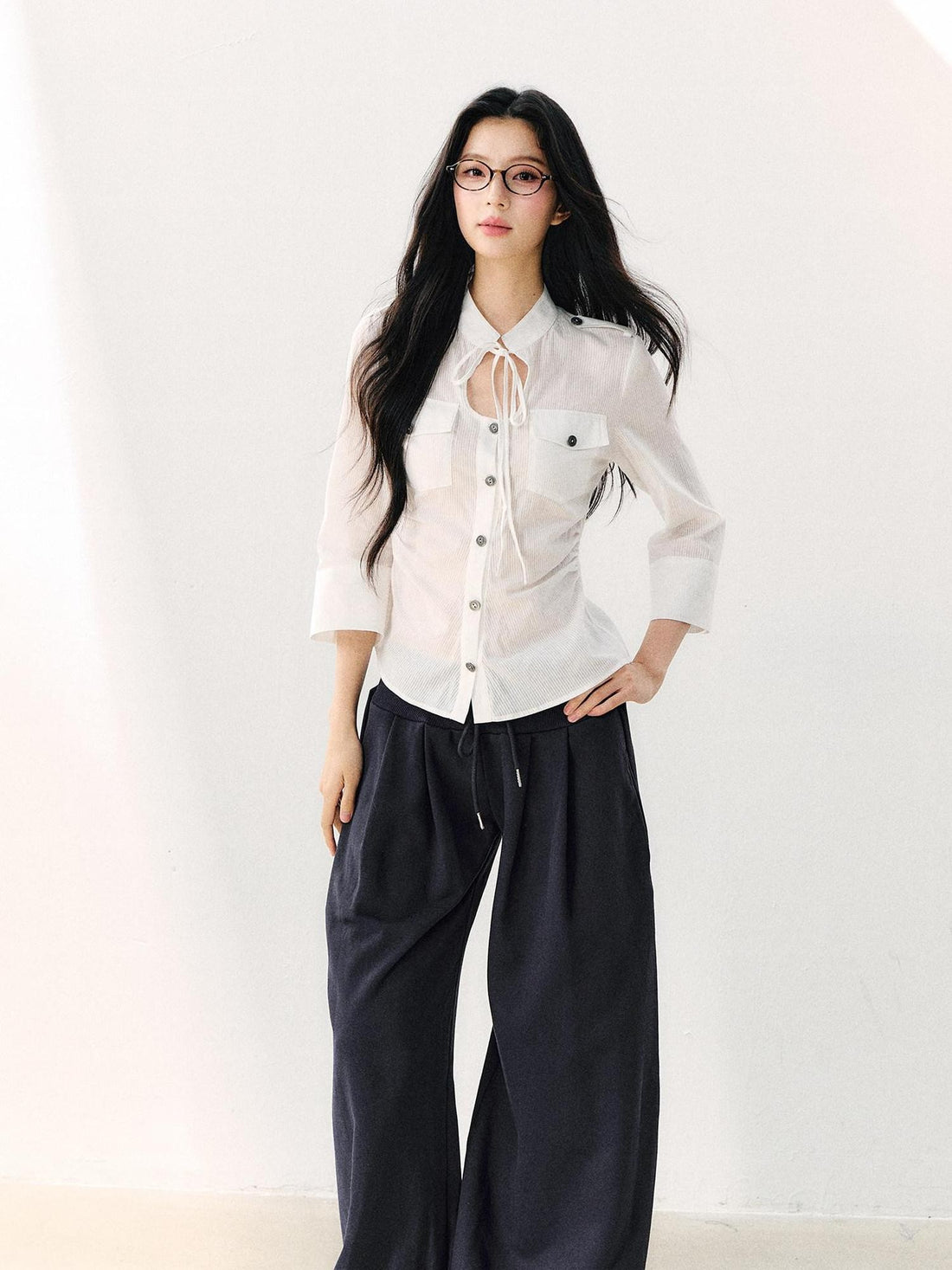 7Shiftin White Tie Waist Turn Down Collar Three Quarter Sleeve Women&