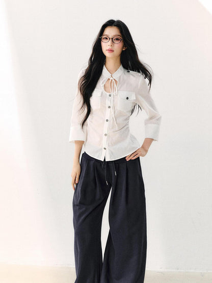 7Shiftin White Tie Waist Turn Down Collar Three Quarter Sleeve Women&