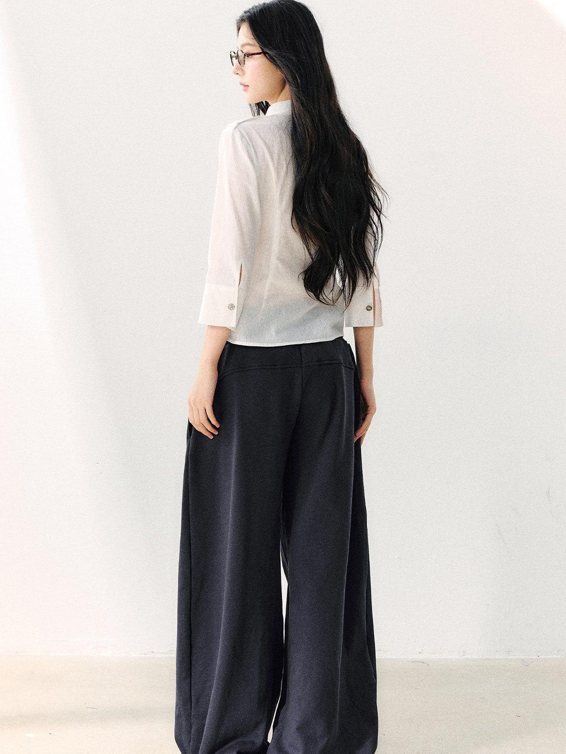 7Shiftin White Tie Waist Turn Down Collar Three Quarter Sleeve Women&