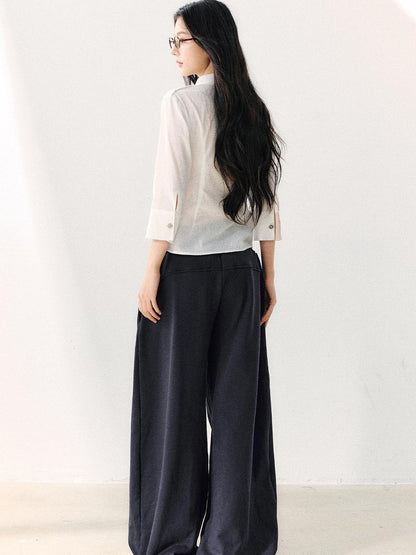 7Shiftin White Tie Waist Turn Down Collar Three Quarter Sleeve Women&