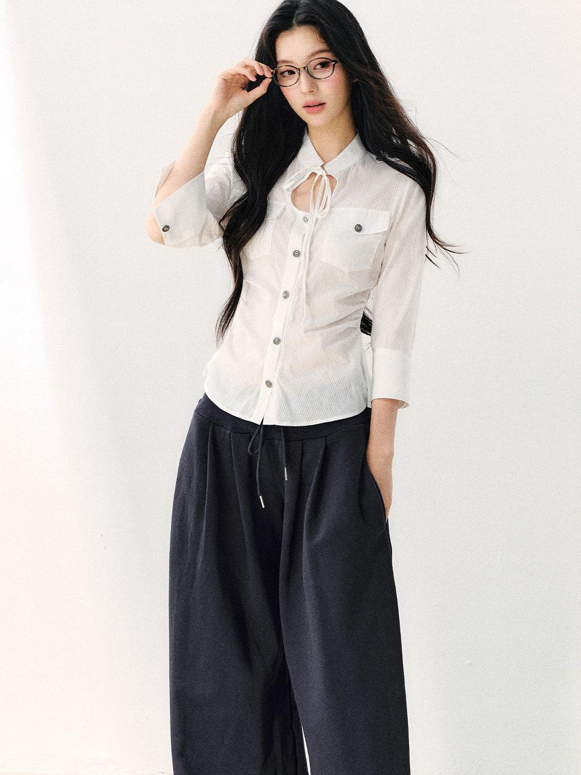 7Shiftin White Tie Waist Turn Down Collar Three Quarter Sleeve Women&