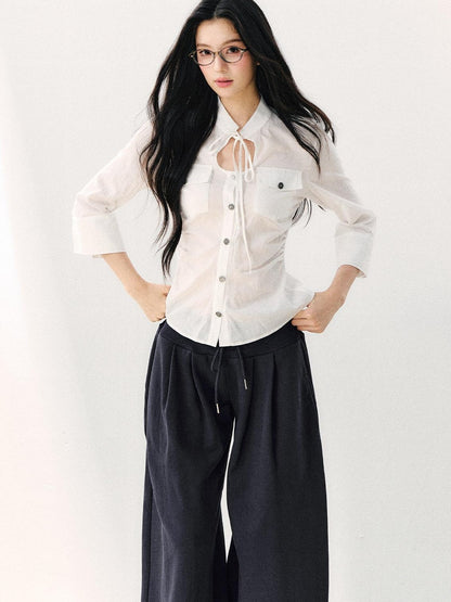 7Shiftin White Tie Waist Turn Down Collar Three Quarter Sleeve Women&
