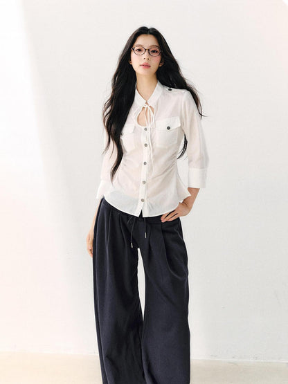 7Shiftin White Tie Waist Turn Down Collar Three Quarter Sleeve Women&