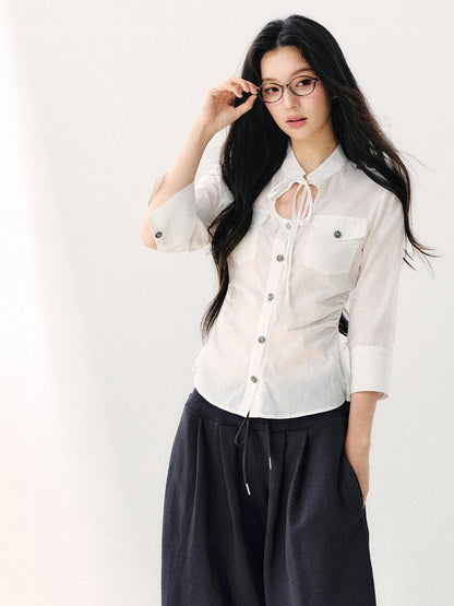 7Shiftin White Tie Waist Turn Down Collar Three Quarter Sleeve Women&