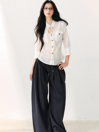 7Shiftin White Tie Waist Turn Down Collar Three Quarter Sleeve Women&