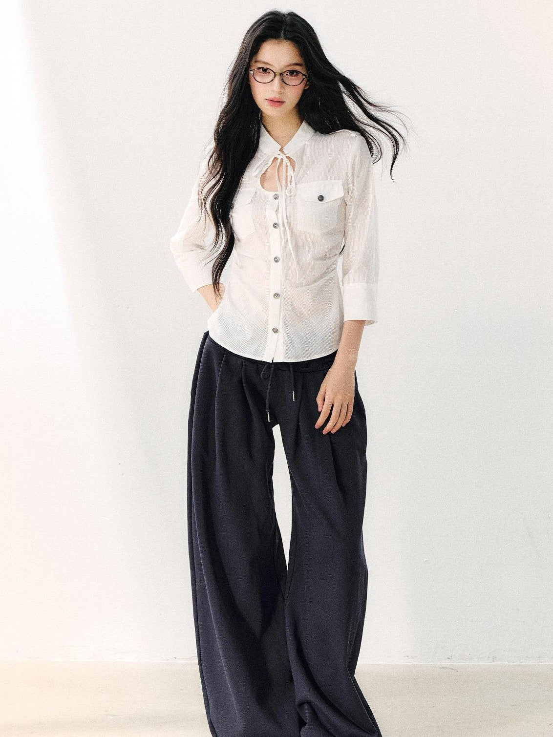 7Shiftin White Tie Waist Turn Down Collar Three Quarter Sleeve Women&