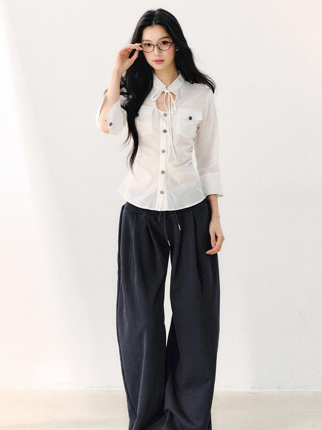 7Shiftin White Tie Waist Turn Down Collar Three Quarter Sleeve Women&