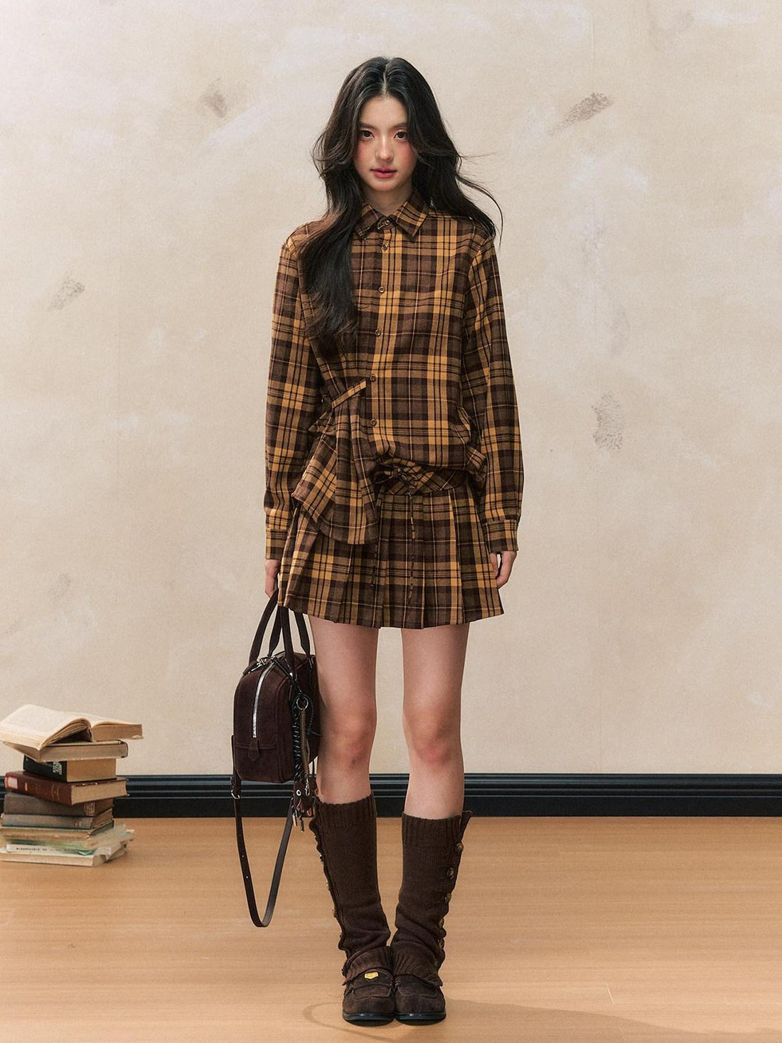 7Shiftin Yellow Plaid Gathered Cuff Slim Top Women&